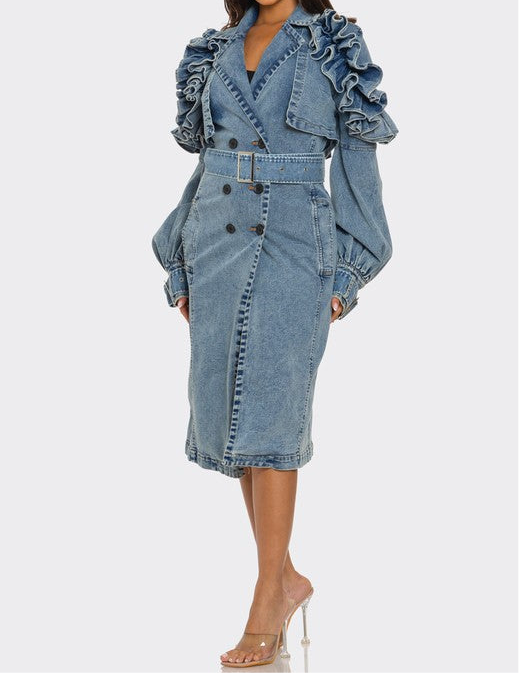 Ruffled Denim Trench Coat