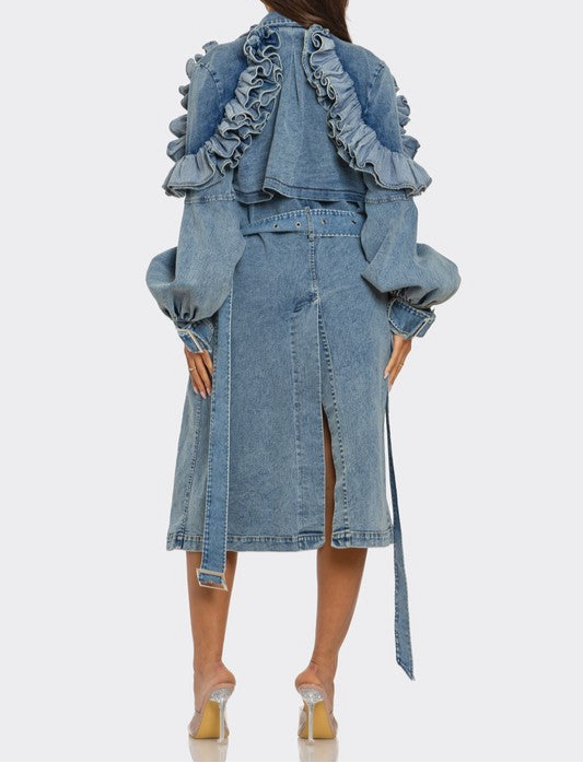 Ruffled Denim Trench Coat