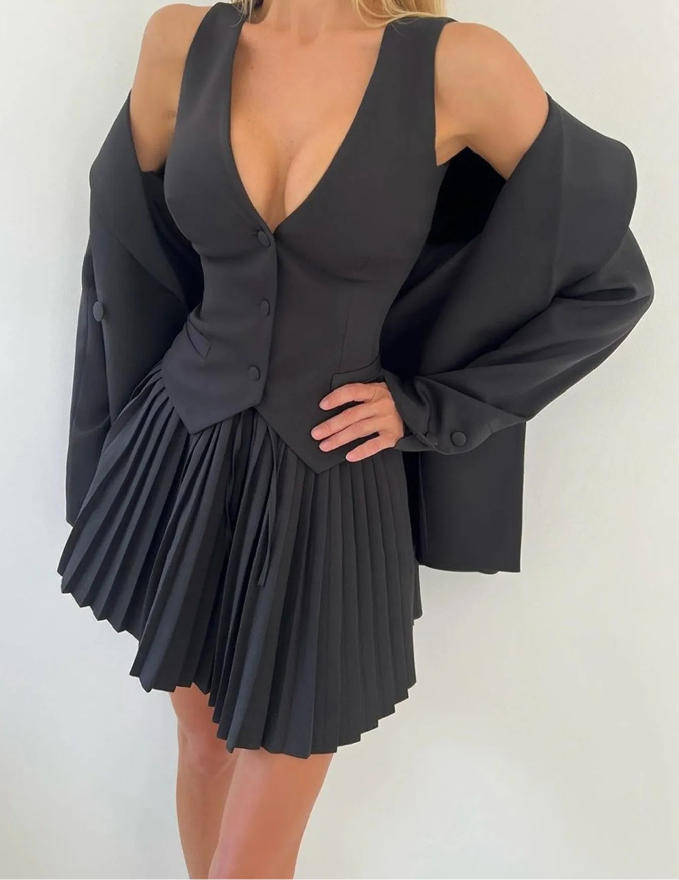 “Valley” Button Up Vest and Pleated Mini Skirt Set