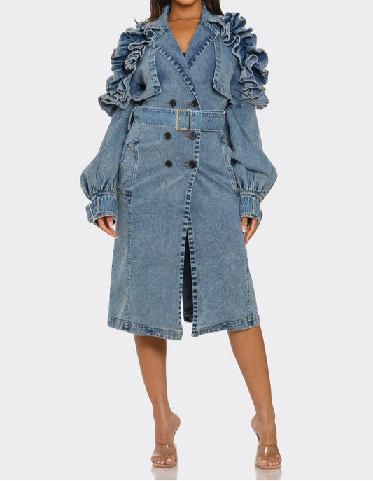 Ruffled Denim Trench Coat