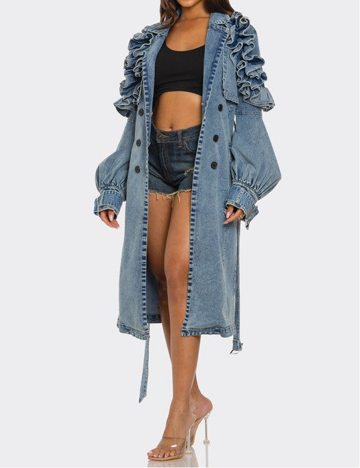 Ruffled Denim Trench Coat