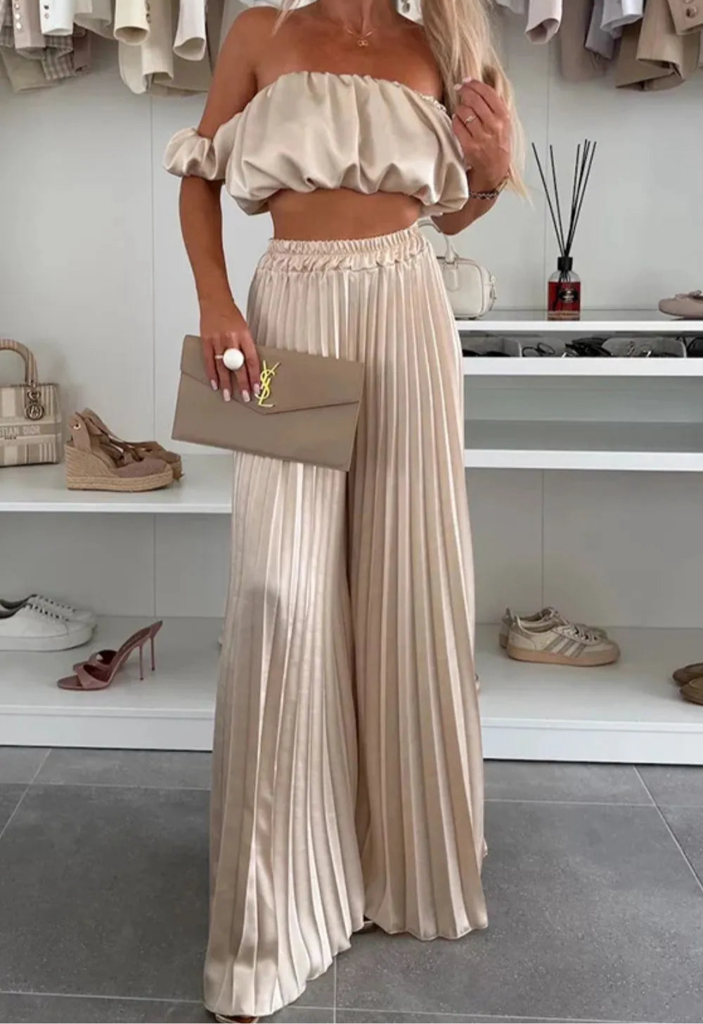 “Reserved” Top and Pleated Pants Set