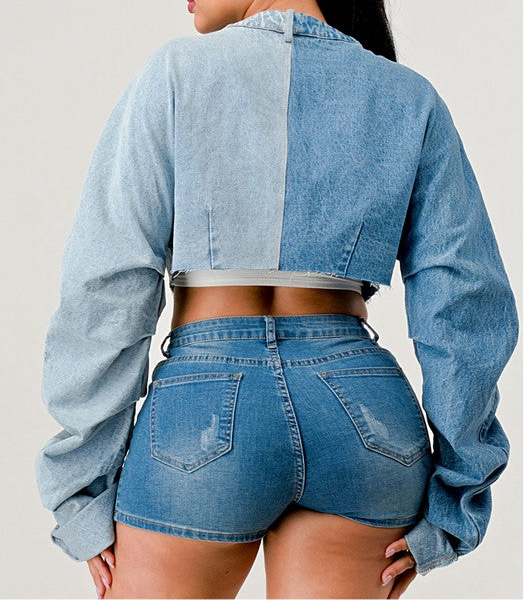 Criss Cross Denim Patched X-Contrast Top