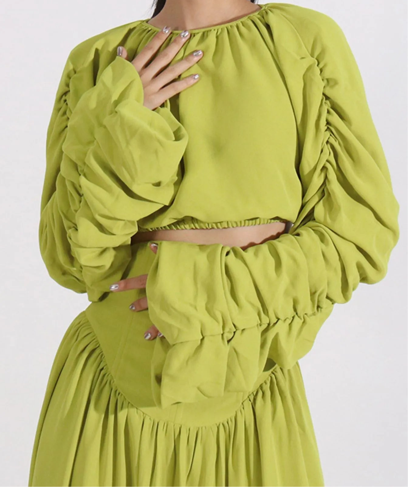 Ruched Long Sleeve Top and High Waist Skirt Set