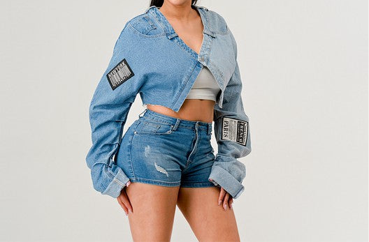 Criss Cross Denim Patched X-Contrast Top