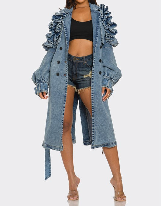 Ruffled Denim Trench Coat