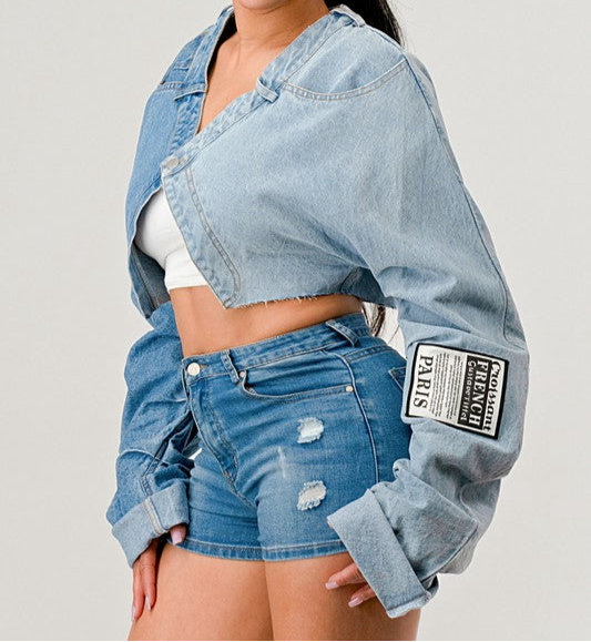 Criss Cross Denim Patched X-Contrast Top